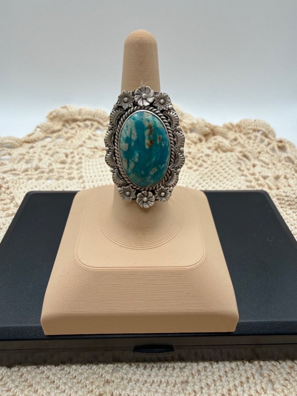 Artisan Crafted Sterling Silver Fox Turquoise Adj Statement Ring Floral Accents